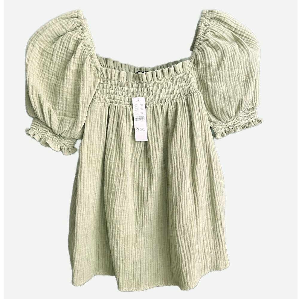 New J.Crew Squareneck Puff-Sleeve Soft Gauze Top, faded pistachio color, XS - Picture 2 of 7